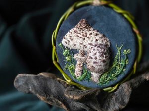 stumpwork embroidery parasol fungi