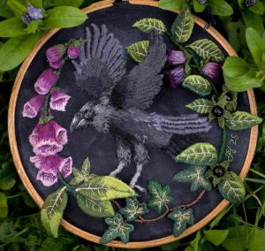 stumpwork embroidery corvid ivy belladonna nightshade and foxglove