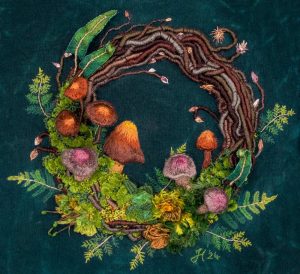 stumpwork embroidery fungi mushroom wreath