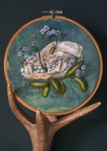 stumpwork embroidery fox skull and forget me nots